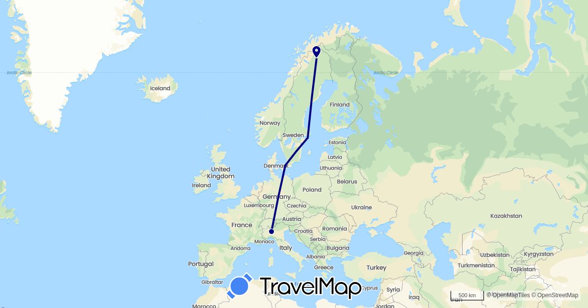 TravelMap itinerary: driving in Denmark, Italy, Sweden (Europe)